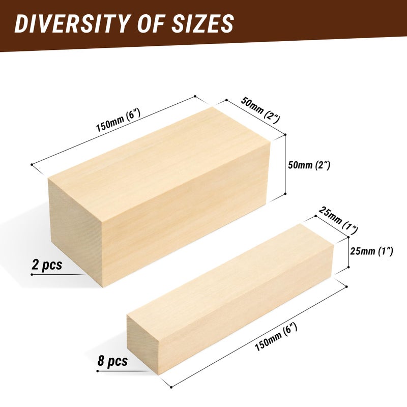 BeaverCraft Basswood Carving Blocks Set BW 10 PCS Wood Carving Kit - Whittling Wood - Soft Basswood Block for Crafts - Large Unfinished Wooden Blocks 2PCS 1.98" Ñ… 5.95" 8PCS 1.02" Ñ… 5.95" - Image 3